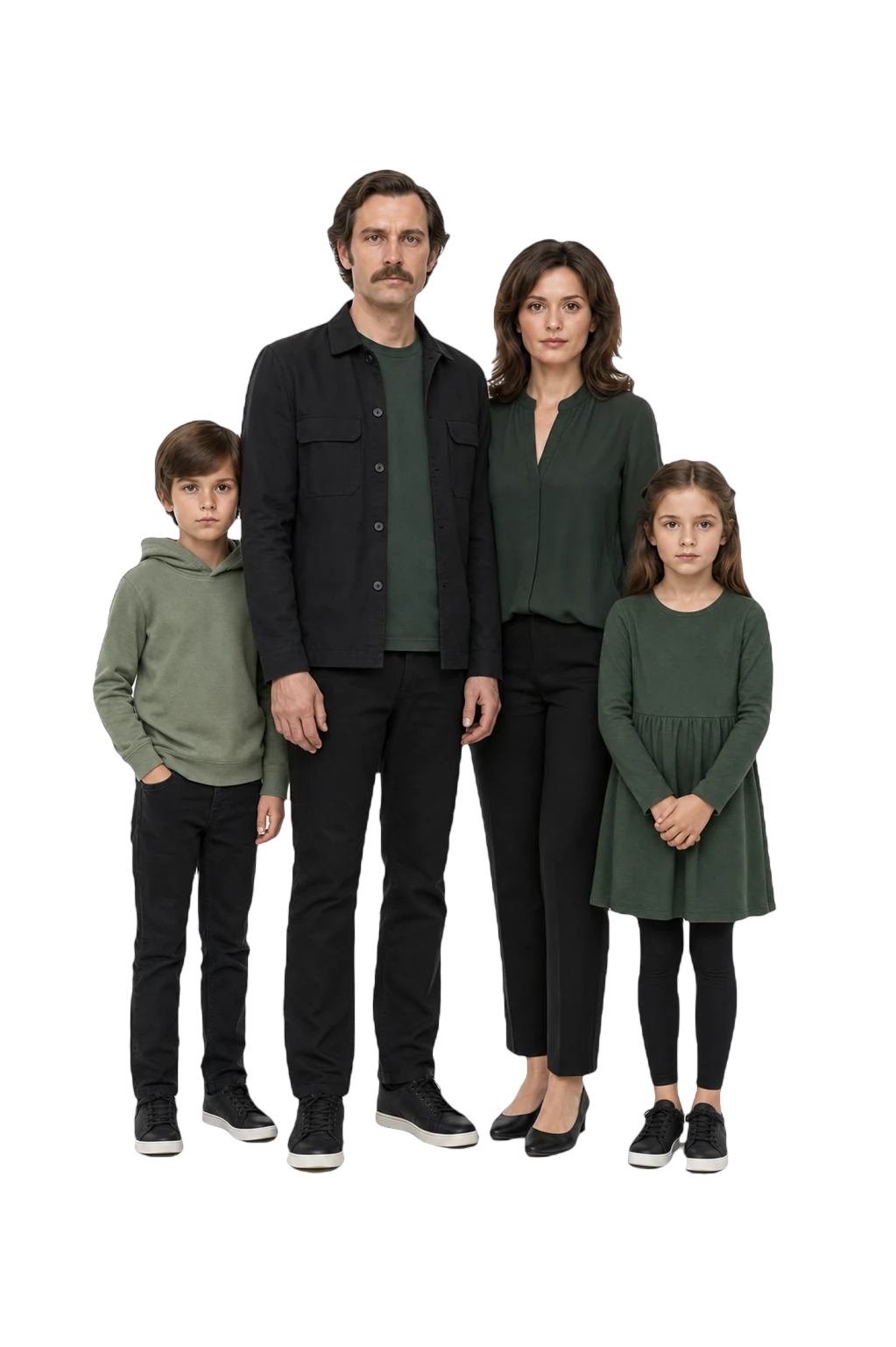 A family of four standing together
