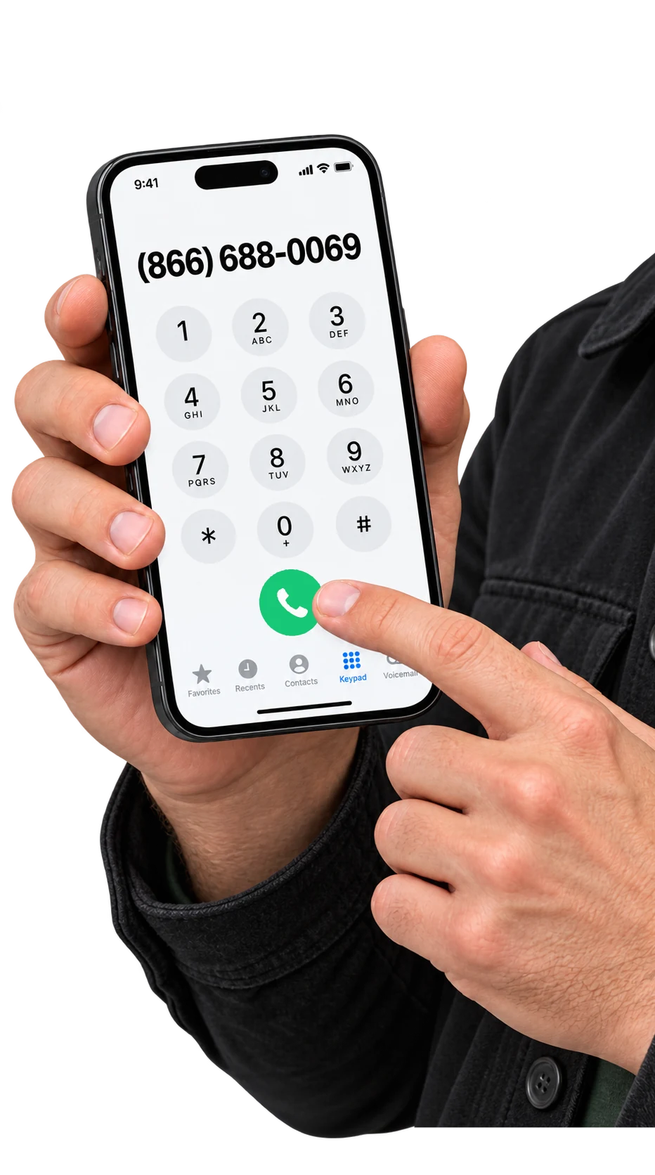 A hand holding a phone with 866-688-0069 dialed, about to tap the call button