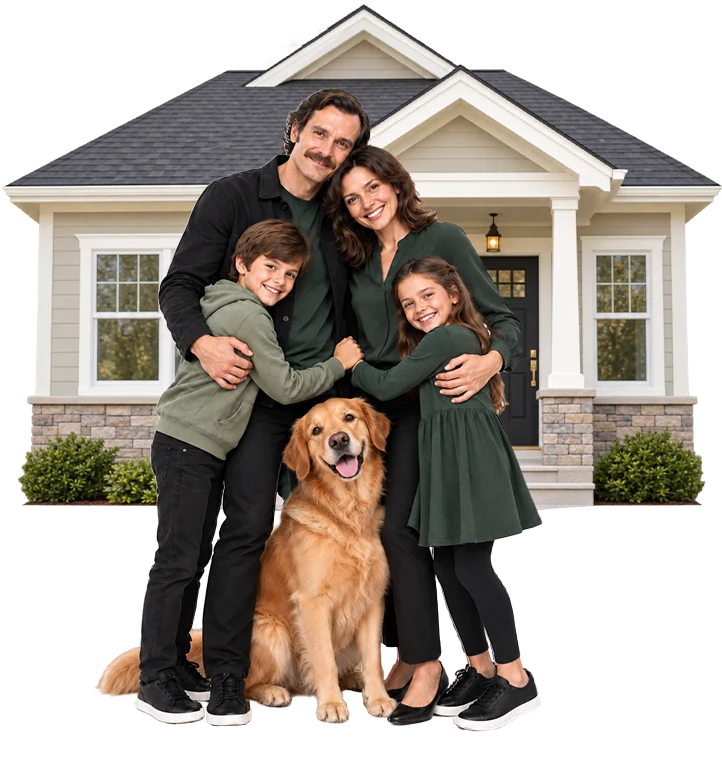 A smiling family of four with their golden retriever in front of a house